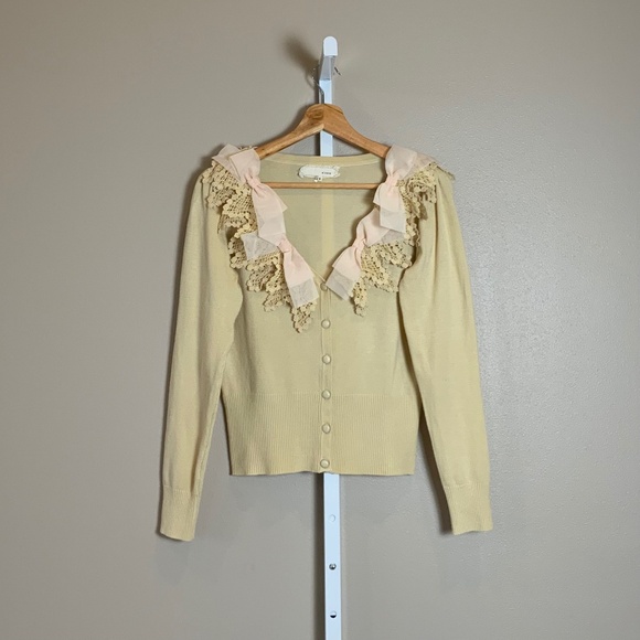 A’Reve Crochet Chiffon Bow V-neckline Cardigan Sweater - Picture 1 of 16